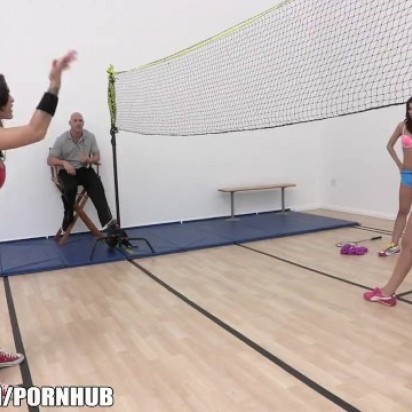 Group of sporty sluts compete for their trainer's big-dick