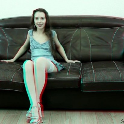 Flexible teen posing and spreading her legs on a sofa - 3D HD backstage