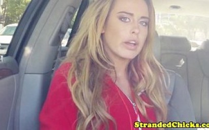 Stranded busty blonde fucked closeup in car