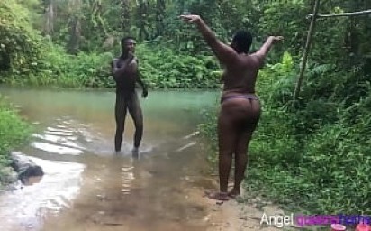 Outdoor fun with me and my step mom inside river when villages are fetching water