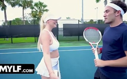 Mylf - Amazing Blonde Milf With Huge Booty Lifts Her Mini Tenis Skirt And Sits On Lucky Stud
