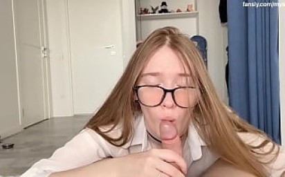 Fucked blonde with glasses lying on her back